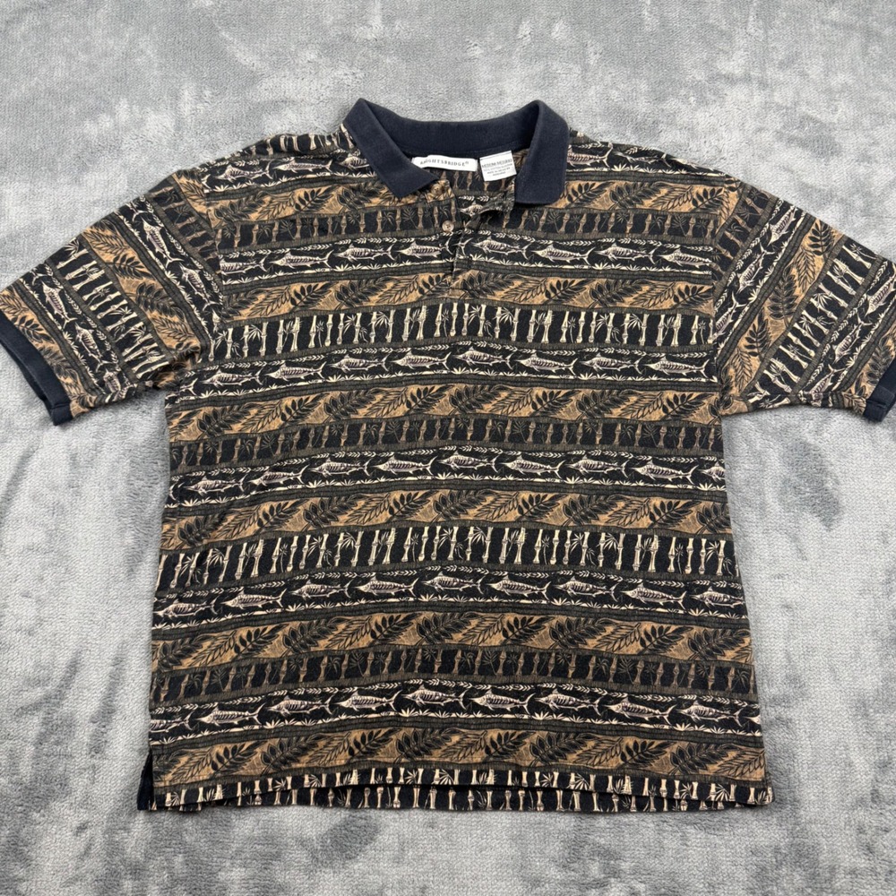 Knightsbridge Mens M Polo Black Tan Marlin Fish Bamboo Tropical Vintage Top